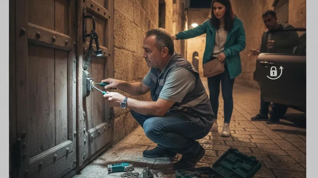 מנעולן פותח דלת עץ עתיקה בסמטת אבן בירושלים בלילה בעוד אישה מחכה לצידו