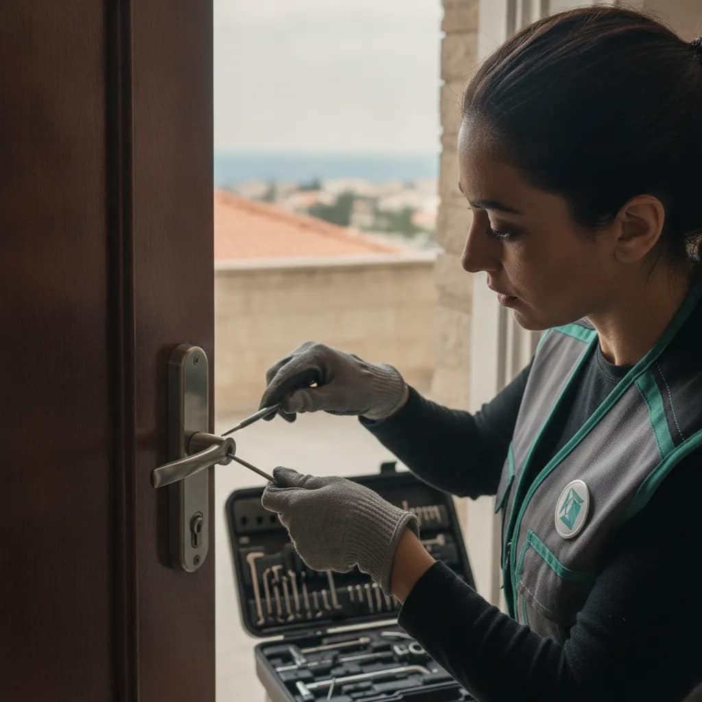 מנעולנית מקצועית בכפפות פותחת דלת נעולה בבית בחיפה בעזרת כלי עבודה ללא נזק לדלת