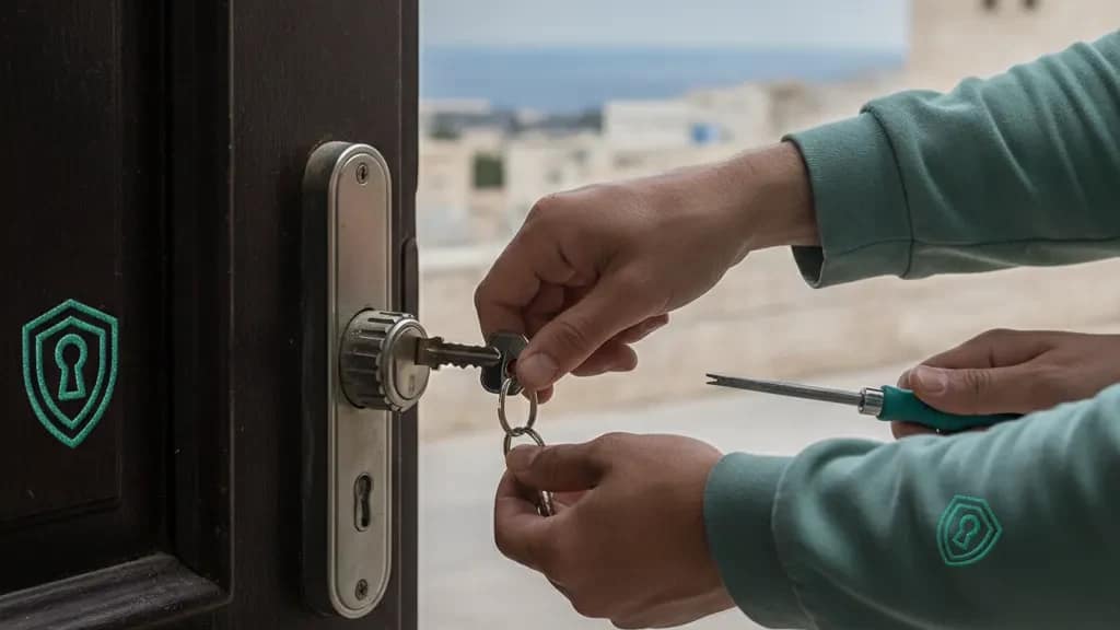 מנעולן פותח דלת חומה עם מפתח ומברג בבית בחיפה לאחר נעילה בחוץ